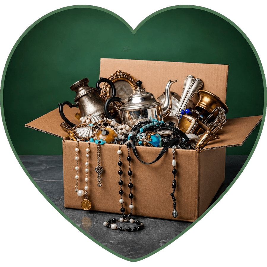 A heart-shaped box brimming with antiques, silverware and jewellery